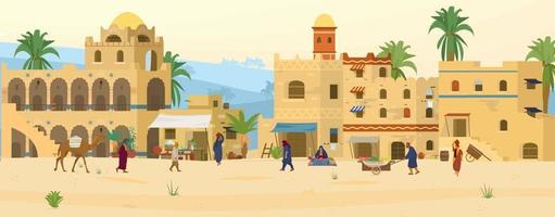 illustration vectorielle de la scène du Moyen-Orient. ancienne ville arabe dans le désert avec des maisons et des gens traditionnels en briques de boue. bazar asiatique. vecteur