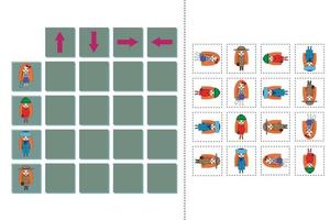 faites correspondre les poupées de dessins animés et les directions vers le haut, le bas, la gauche et la droite. jeu éducatif pour les enfants. vecteur