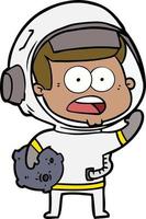 dessin animé surpris astronaute tenant un rocher de lune vecteur