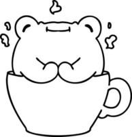 doodle en ligne d'une jolie grenouille assise dans une tasse de café vecteur