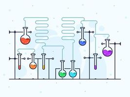 illustration vectorielle avec laboratoire de chimie dans un style de ligne plate. flacons avec liquide de couleur et tubes bleus. vecteur