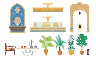 illustration vectorielle plane d'éléments de jardin de palais arabe. fontaines ornées, arche, plantes tropicales en pot, fauteuil, table avec pot en argent et assiette avec fruits, lanternes. isolé sur blanc. vecteur