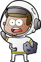 dessin animé surpris astronaute tenant un rocher de lune vecteur