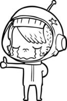 dessin animé fille astronaute qui pleure faisant signe de pouce en l'air vecteur