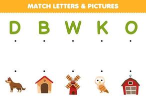 jeu éducatif pour les enfants match lettres et images de dessin animé mignon chien chenil moulin à vent hibou grange imprimable ferme feuille de travail vecteur