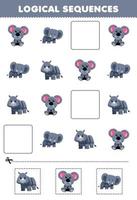 jeu éducatif pour enfants séquences logiques pour enfants avec dessin animé mignon koala éléphant rhinocéros image imprimable feuille de travail animal gris vecteur