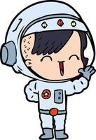 dessin animé heureux astronaute fille agitant vecteur