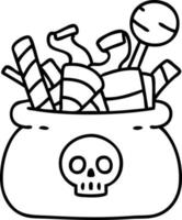 doodle en ligne d'un sac de bonbons halloween plein de friandises vecteur