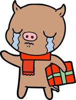 cochon dessin animé pleurant sur le cadeau de noël vecteur