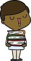 dessin animé garçon heureux avec une pile de livres vecteur
