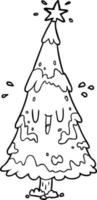 dessin au trait d'un sapin de noël enneigé avec un visage heureux vecteur
