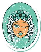 image emblématique de style tatouage autocollant en détresse d'une jeune fille avec une couronne de fleurs clignotant vecteur