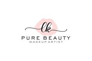 création initiale de logo de lèvres aquarelle lk, logo pour la marque d'entreprise de maquilleur, création de logo de boutique de beauté blush, logo de calligraphie avec modèle créatif. vecteur