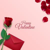 fond de saint valentin heureux avec enveloppe et décorations de pétales de fleurs de rose sur fond rose vecteur