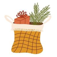 panier en osier avec des cadeaux de noël dans un style bohème. décor pour la maison, l'intérieur, les décorations et noël. illustration dessinée à la main isolée sur fond blanc vecteur