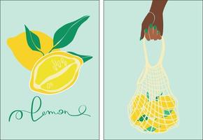 ensemble de sacs à provisions écologiques avec des citrons. la main d'une femme à la peau foncée tient un filet avec des citrons. zéro déchet, pas de concept plastique. fruits du marché local. illustration vectorielle de mode couleur. style de bande dessinée vecteur