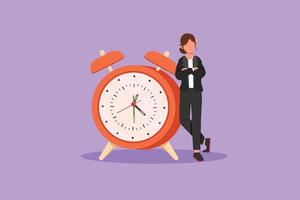 conception graphique à plat dessin mignon femme d'affaires, gestionnaire ou employé se penchant sur la grande horloge. notion de gestion du temps. heure, montre, offre limitée, symbole de la date limite. illustration vectorielle de style dessin animé vecteur