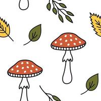 joli motif de feuilles de champignons d'automne. doodle champignons colorés et feuilles fond d'automne. motif sans fin et sans couture. illustration vectorielle confortable dessinée à la main. vecteur