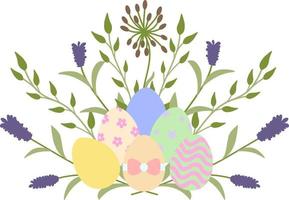 clipart de Pâques, dessin vectoriel. lapins mignons de pâques, panier, oeufs de pâques, fleurs et herbes vecteur