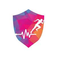 vecteur d'icône de conception de logo de marathon d'impulsion. création de logo de soins de santé du corps. homme en cours d'exécution avec icône de battement de coeur ecg de ligne.