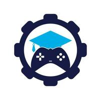 conception de logo vectoriel de concept de forme d'engrenage d'éducation de jeu. console de jeu avec conception d'icône de chapeau de graduation.
