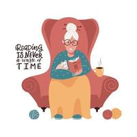 jolie vieille dame est assise dans un fauteuil rouge et lit un livre. illustration de vecteur plat dessinés à la main. la lecture n'est jamais une perte de temps - citation de lettrage.
