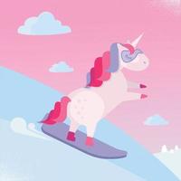 licorne de snowboard. licorne mignonne glisse sur une colline enneigée sur un snowboard. illustration de style dessin animé plat pour les enfants. vecteur