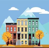 maisons multipartites multicolores au pied des montagnes. illustration de vecteur de dessin animé plat du paysage de la ville d'automne. maisons colorées de trois à quatre étages sous les nuages et le ciel bleu. paysage urbain de la rue.