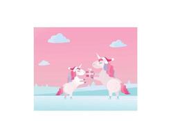 la licorne de noël dans la casquette du père noël donne un cadeau dans une boîte festive au petit enfant licorne. deux licornes patinent. douces couleurs bleu rose. illustration de style dessin animé plat avec des textures et des dégradés vecteur