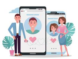 réseautage social de rencontres en ligne, concept de relations virtuelles. homme et femme connaissance dans le réseau social.homme femme bavardant sur internet.illustration vectorielle de dessin animé plat de couple près de gros téléphones vecteur