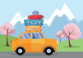 voiture en voyage sur la route. concept de véhicule de voyage tourisme et vacances ensemble. illustration des vacances de printemps, des arbres en fleurs, des voyages dans le monde avec des valises sur le toit de la voiture. thème de voyage rétro touristique vecteur