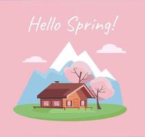 paysage fleuri de printemps avec montagnes et maison de campagne en rondins de bois sur l'herbe. carte de saison des fleurs avec texte bonjour printemps. illustration vectorielle de style dessin animé plat dans les couleurs vert bleu rose. vecteur