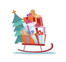 traîneau pour enfants avec tas de cadeaux et un arbre de noël sur fond blanc. les coffrets cadeaux multicolores sont joliment décorés de rubans et de nœuds. illustration vectorielle de style dessin animé plat. vecteur