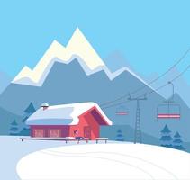 paysage enneigé d'hiver avec station de ski, ascenseur, téléphérique, maison rouge, toit enneigé, nature intacte et paysage de montagnes hivernales. illustration vectorielle de style dessin animé plat. vecteur