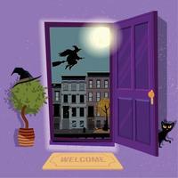 la maison de la sorcière d'halloween. porte ouverte sur le couloir violet avec chapeau à la maison et chat noir à la porte. paysage urbain avec une énorme lune et une silhouette de sorcière sur les toits des maisons. illustration de dessin animé plat vecteur