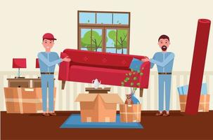 deux ouvriers portent un canapé rouge. boîtes de déménagement dans une nouvelle maison. intérieur du salon de la maison. tas de cartons empilés avec meubles, tapis, plantes, chat. illustration de dessin animé plat de vecteur