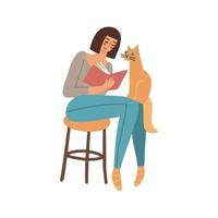 jolie femme lit un livre assis sur le tabouret et le chat est assis sur ses genoux. quarantaine, restez chez vous. aimer le concept de lecture. illustration vectorielle plane moderne vecteur
