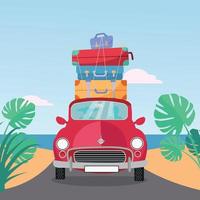 petite voiture rétro rouge de la mer avec pile de valises sur le toit. illustration vectorielle de dessin animé plat. vue de face de la voiture avec valises et bagages. paysage du sud avec sable, feuilles de monstera vecteur