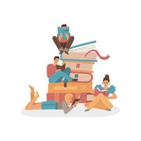 les gens lisent le concept de livres. groupe de petits jeunes personnages assis sur les livres géants et lisant. étudiants masculins et féminins qui étudient. illustration vectorielle de dessin animé plat vecteur