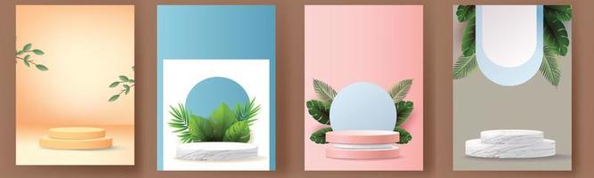 ensemble 3d géométrique podium maquette feuille tropical netural concept pour vitrine fond vert abstrait scène minimale présentation du produit vecteur