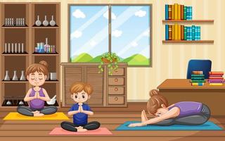 famille faisant du yoga dans une scène de studio de yoga vecteur