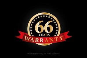 Logo de garantie dorée de 66 ans avec anneau et ruban rouge isolé sur fond noir, création vectorielle pour la garantie du produit, la garantie, le service, l'entreprise et votre entreprise. vecteur