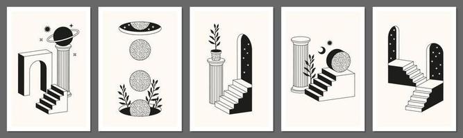 affiches et cartes abstraites surréalistes dans un style d'art en ligne minimaliste à la mode. colonnes, escaliers, arc, formes géométriques. vecteur