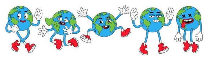 personnages de la terre dans un style de dessin animé rétro branché. globe drôle avec visage souriant. vecteur