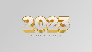 bonne année 2023 avec des nombres 3d blancs et or isolés sur fond blanc. conception de nouvel an pour bannière, affiche et carte de voeux vecteur