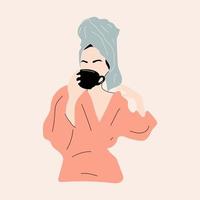 belle femme en peignoir et turban boit du café. dame ayant une journée de beauté le week-end. spa, concept de détente. illustration vectorielle dessinés à la main. style de bande dessinée vecteur