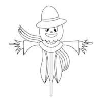 épouvantail. faire fuir les oiseaux. citrouille sur la tête. expression faciale souriante. épouvantail en haillons, bonnet et écharpe. illustration vectorielle. style de griffonnage. livre de coloriage. esquisser. symbole d'Halloween. belle grimace. vecteur