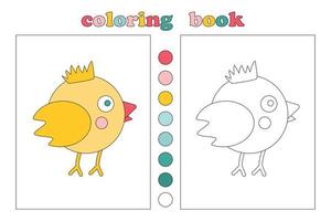 livre de coloriage pour les enfants, dessin animé petit poulet jaune à colorier. illustrations mignonnes avec légendes et palette de couleurs. nous dessinons et jouons avec les enfants. éducation des enfants vecteur