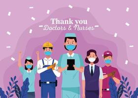 Groupe de travailleurs portant des masques avec message de remerciement aux médecins et infirmières vecteur