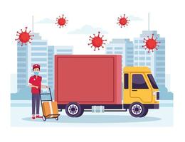 courrier avec service de livraison par camion avec des particules de coronavirus vecteur
